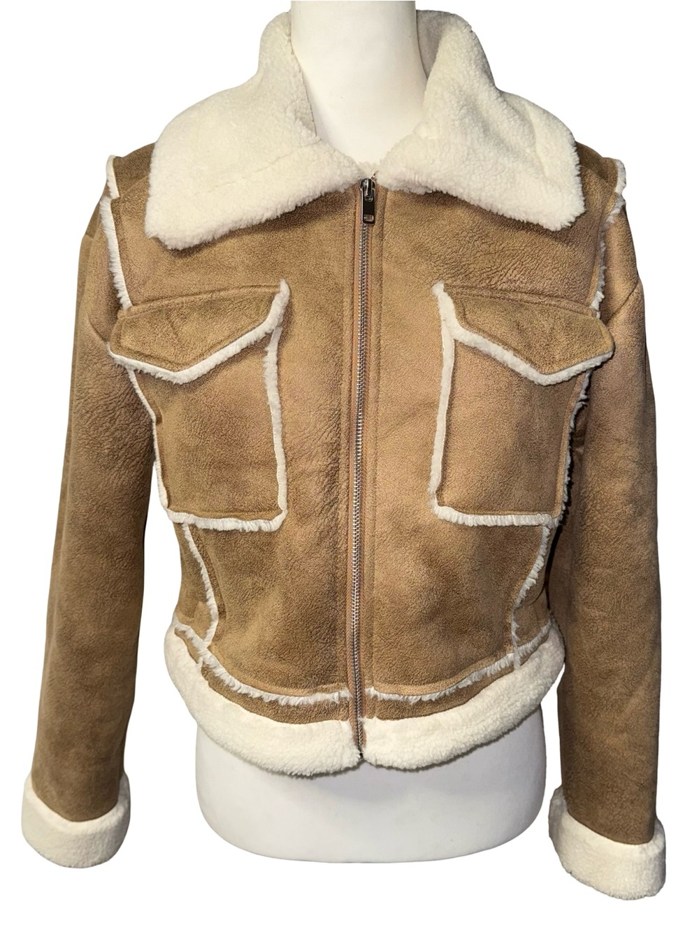 HOLLISTER Crop Faux Shearling Biker Moto Jacket Tan Sz Small